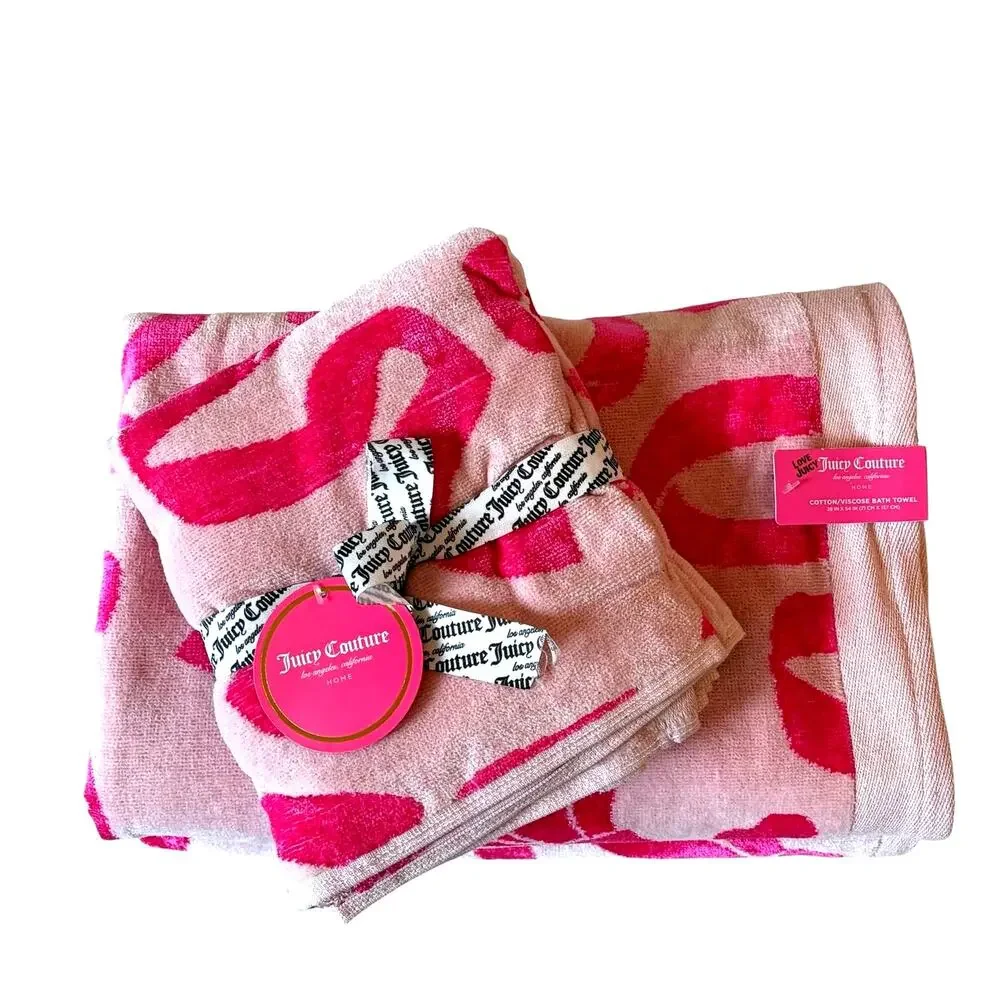 Juicy Couture Pink Bows Hearts Towel Set- 2 Hand & 2 Bath Towels Cotton NEW